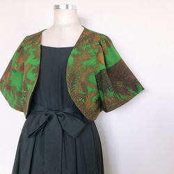 "極上ボレロ" 縮緬着物リメイク 緑 茶 カーディガン ギャザーフレアスリーブ ドレス 和柄 一点物（A602） 2枚目の画像