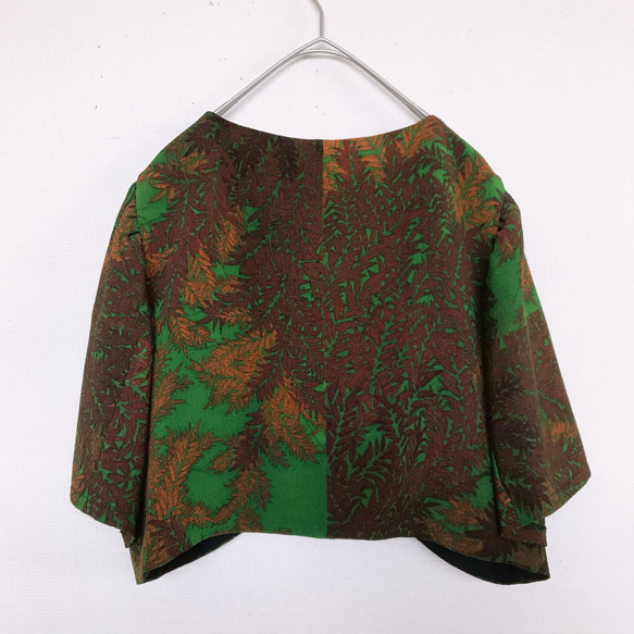 "極上ボレロ" 縮緬着物リメイク 緑 茶 カーディガン ギャザーフレアスリーブ ドレス 和柄 一点物（A602） 8枚目の画像