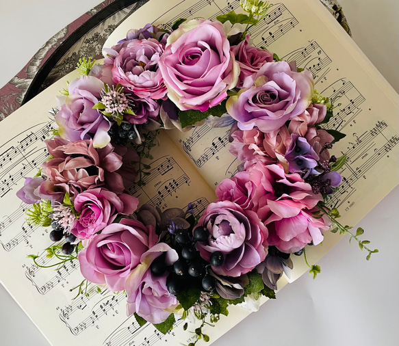 セール パープル系の薔薇のニュアンスリース 薔薇リース 玄関リース  