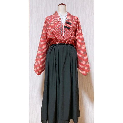 展示品 ◇着物リメイク◇ ドッキングワンピース 赤 花柄 レース ベルト付き