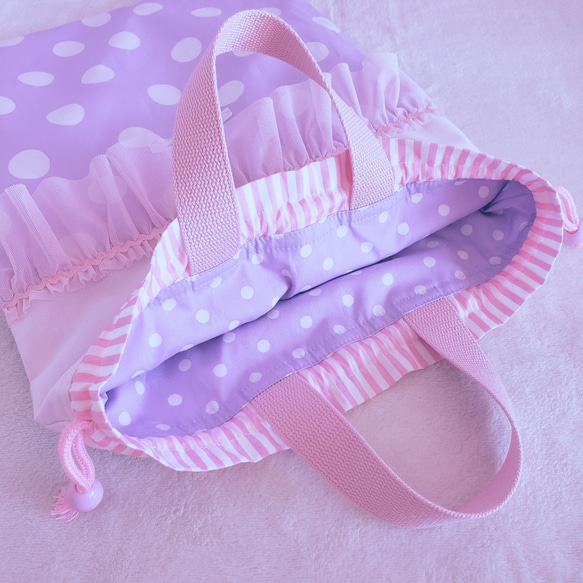 【3件套裝】褶邊帆布●課包●鞋盒●體操衣架【尺寸可更換】粉紅色×紫色 第6張的照片
