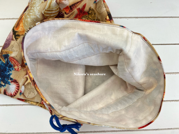 裏地付き巾着袋　30(23)×22cm　ビーチコーミング　シェルビーチ柄　ブラウン 6枚目の画像