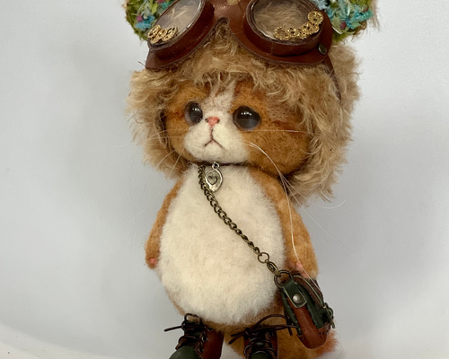 くまみみ帽子のごーぐるにゃんこ ぬいぐるみ 羊毛フェルト ブサカワ