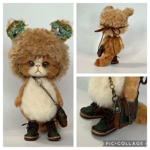くまみみ帽子のごーぐるにゃんこ ぬいぐるみ 羊毛フェルト ブサカワ
