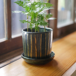 植木鉢　黒釉X金　縦縞　陶器　京焼 1枚目の画像