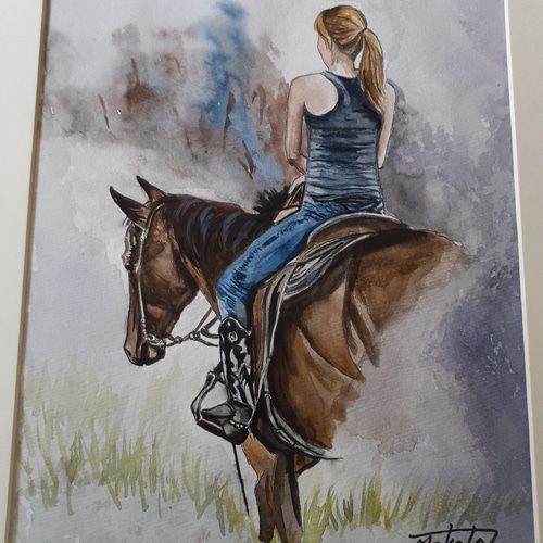 水彩画 愛馬に乗馬する女性の後ろ姿 絵画 makochin 通販
