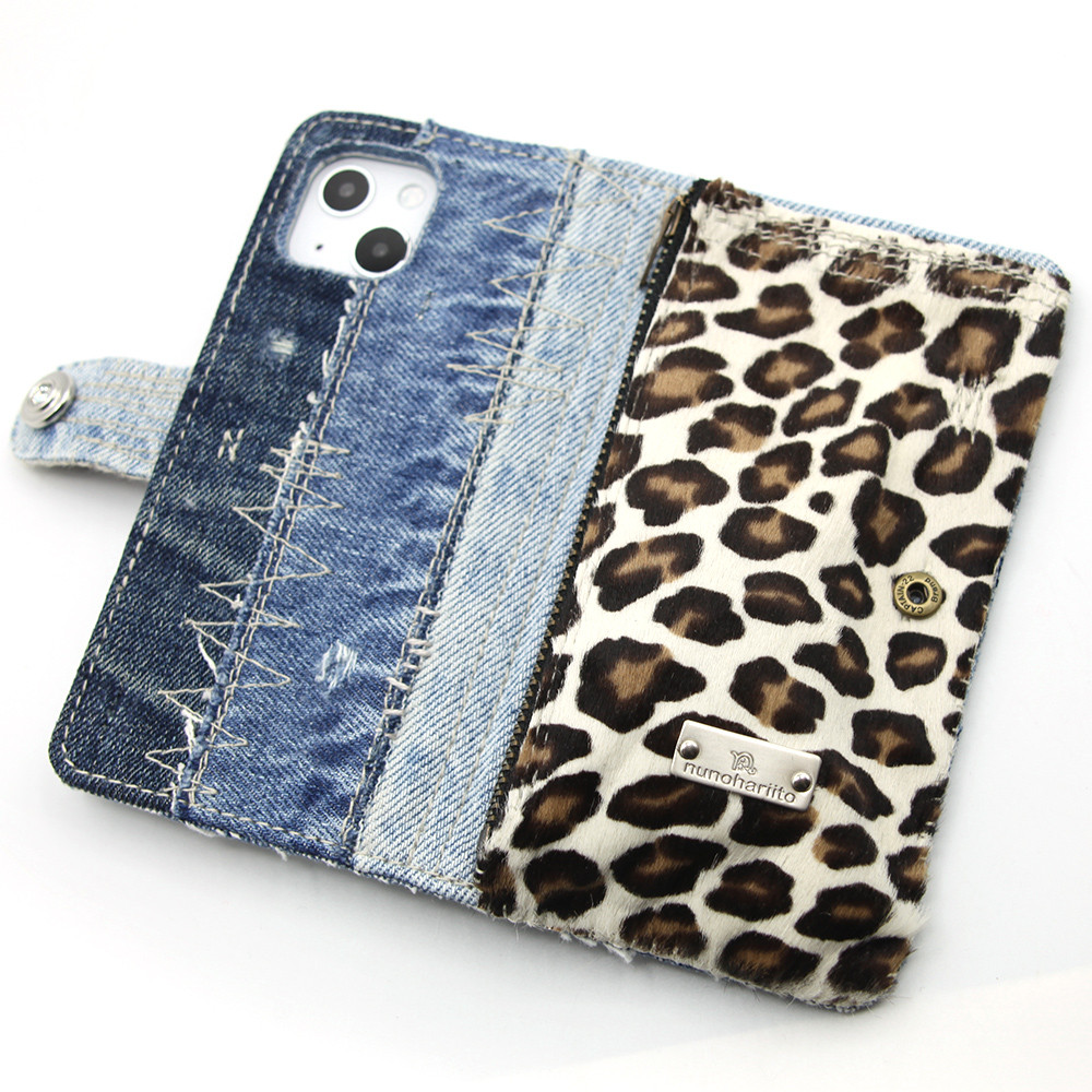 白ヒョウ柄デニム手帳型ケースApollo_Lynx - iPhoneAir,17Pro,16Plus,Experiaほか