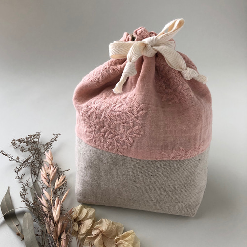 刺繍ガーゼのコップ袋☆撥水ナイロン裏地付き 歯磨き 歯ブラシ うがい