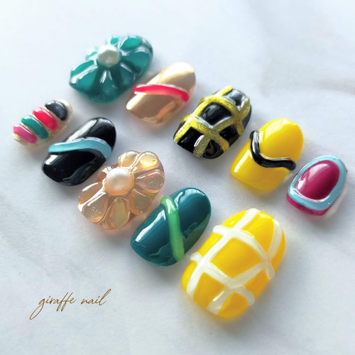 ネイルチップ　カラフル　個性派ネイル 88 ネイルチップ ぷっくりネイル 立体ネイル カラフルネイル