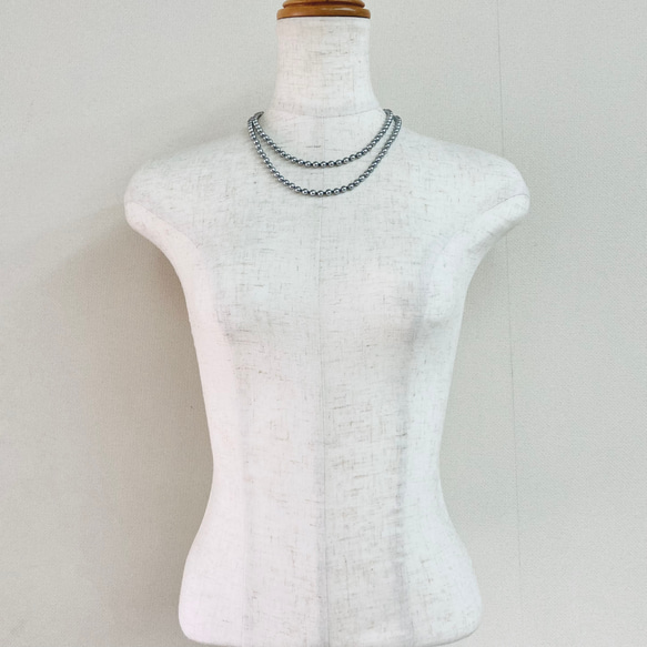 貝ベビーパールとビーズの2連ネックレス/5mm約43/50cm/シルバーグレー/R/japan製 6枚目の画像