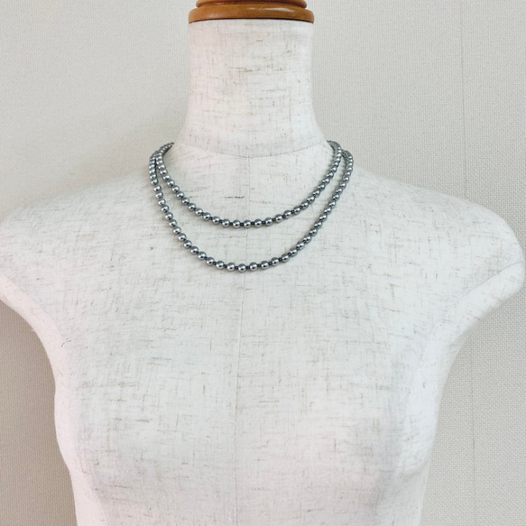 貝ベビーパールとビーズの2連ネックレス/5mm約43/50cm/シルバーグレー/R/japan製 7枚目の画像