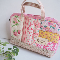 sale【完成品】いちごリネンのピンク色パッチワークミニバッグ