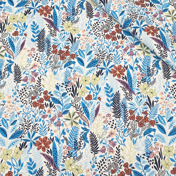 110×50 北欧風 生地 布 ボタニカルな森 綿麻キャンバス ブルー コットンリネン 50cm単位販売 花柄 10枚目の画像