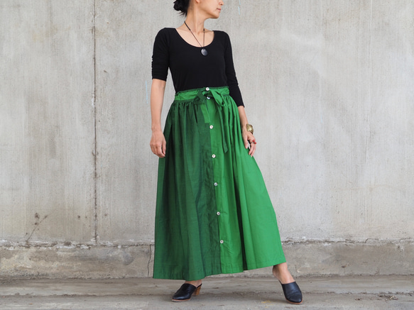 【NEHERA】moss-green コーデュロイ ギャザー ロング スカート earth_eco_loco スカート ロング レディース 14番手リネン