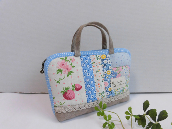 SOLD◇ハンドメイド ポーチ 松山敦子 レトロ パッチワーク 柄 水色