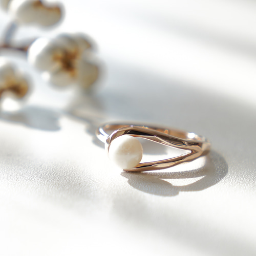 一粒アコヤパール✧上品な槌目リング ピンクゴールド《送料無料》PY