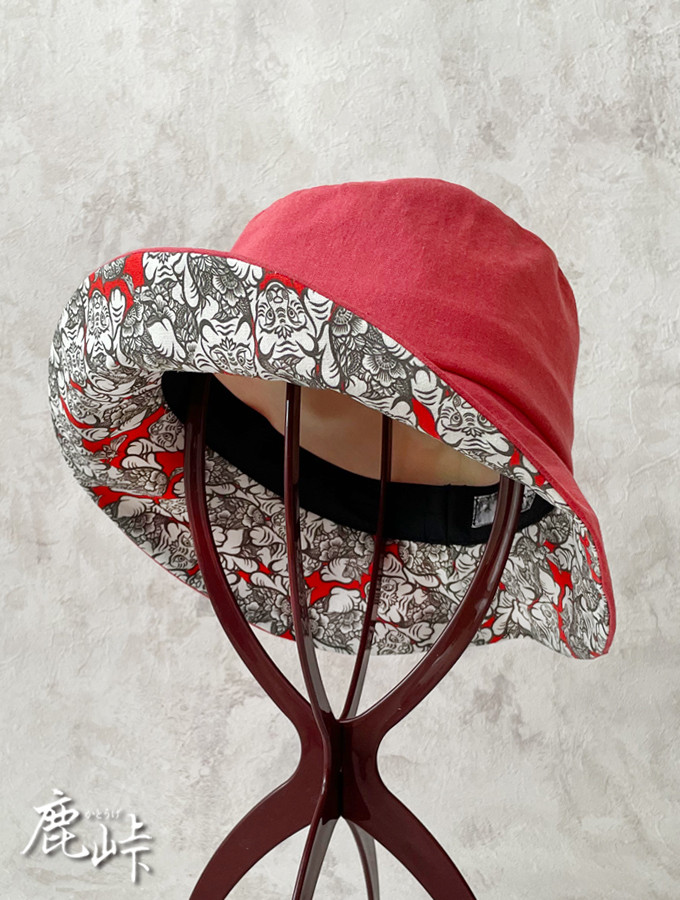 ハーフリネンハット　花虎ちゃん柄(コーラルレッド系)