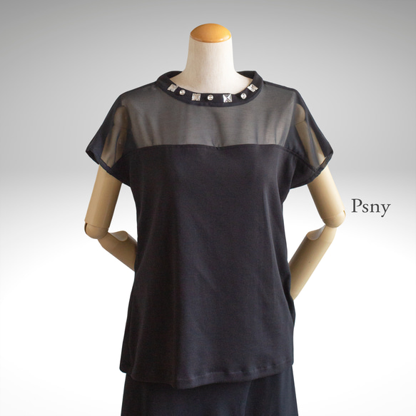 PSNY 大人色っぽいフレンチスリーブTシャツ - シースルー・ビジュー2トップス TP05 1枚目の画像