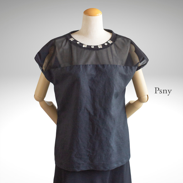 PSNY 大人色っぽいフレンチスリーブリネンTシャツ - シースルー・トップス TP06 1枚目の画像