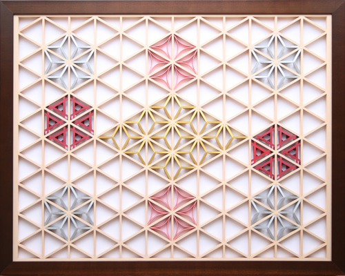 組子アートパネル 【金銀麻の葉 ちらし 3色1号 水引七宝添え