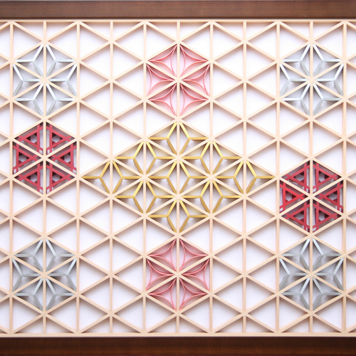 組子アートパネル 【金銀麻の葉 ちらし 3色1号 水引七宝添え