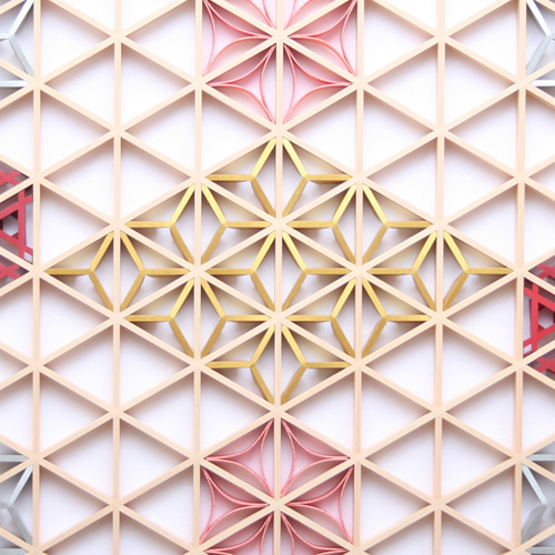 組子アートパネル 【金銀麻の葉 ちらし 3色1号 水引七宝添え