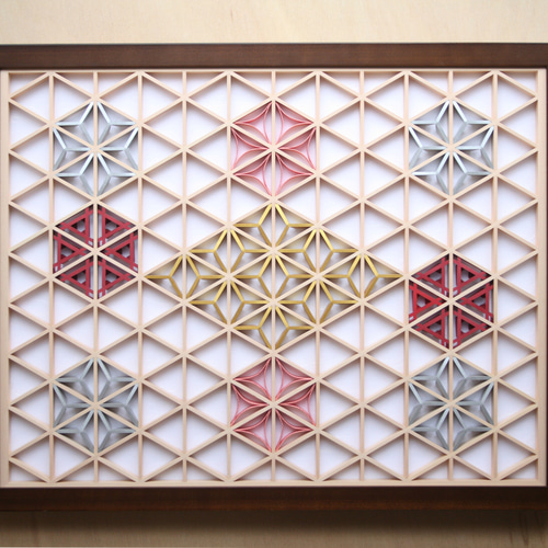 組子アートパネル 【金銀麻の葉 ちらし 3色1号 水引七宝添え