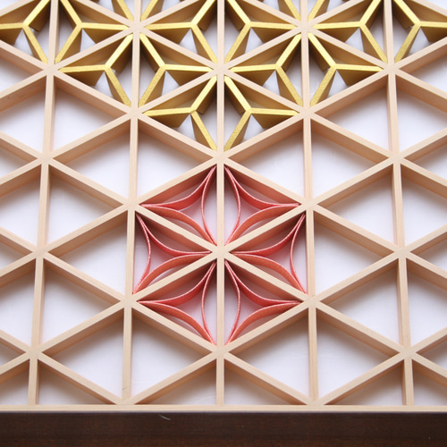 組子アートパネル 【金銀麻の葉 ちらし 3色1号 水引七宝添え