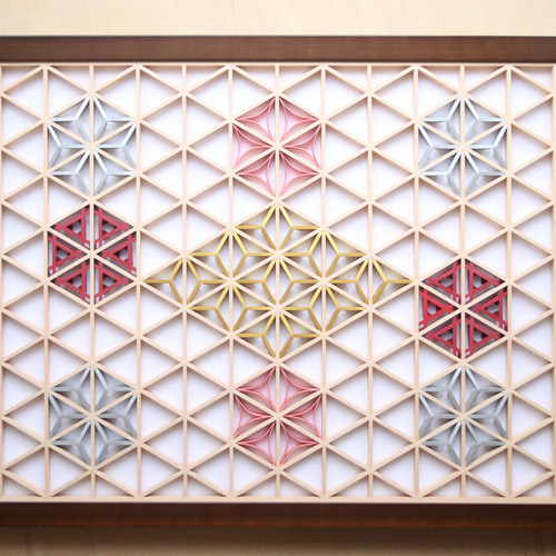 組子アートパネル 【金銀麻の葉 ちらし 3色1号 水引七宝添え