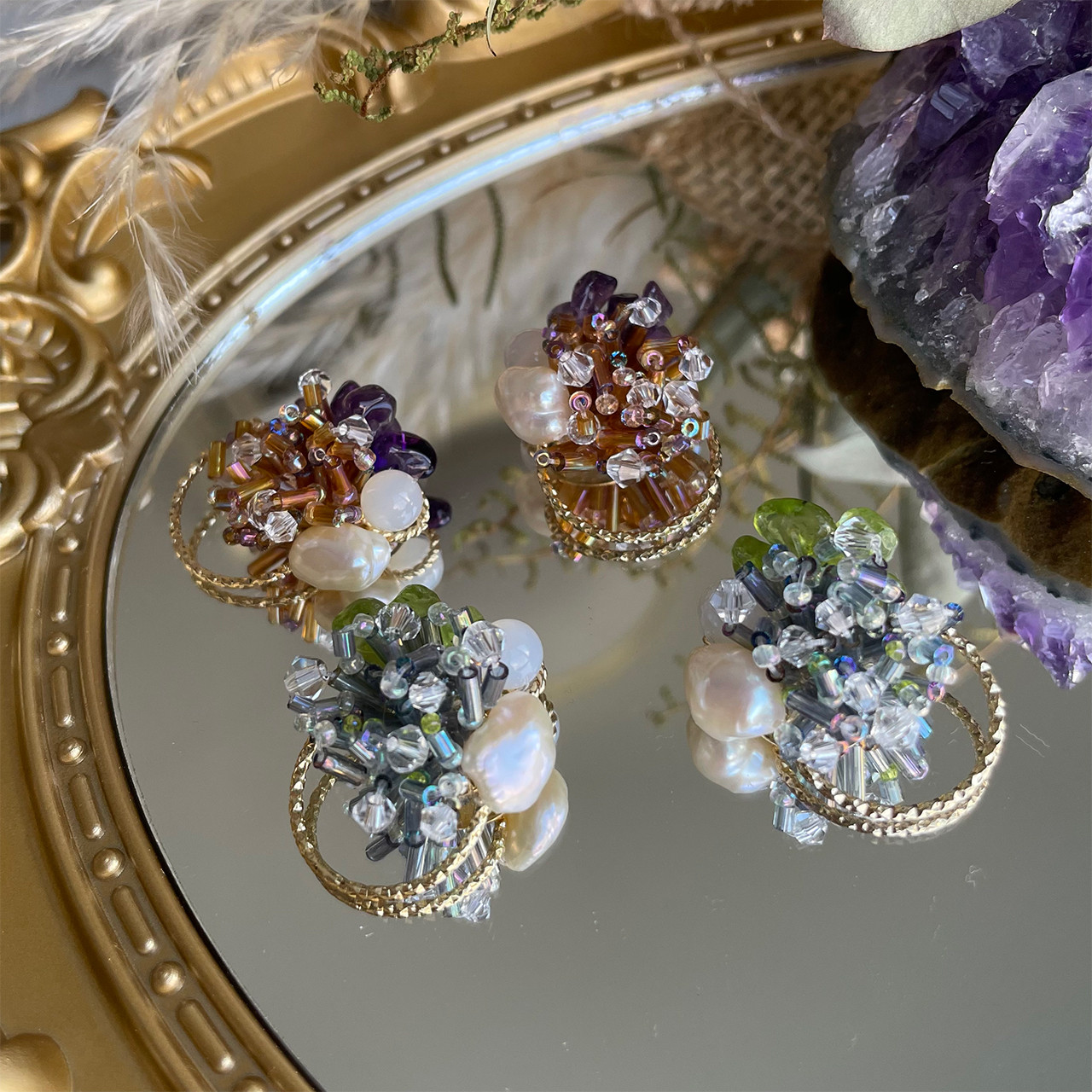 キラキラビーズと淡水パールと天然石のピアス／イヤリング14KGF