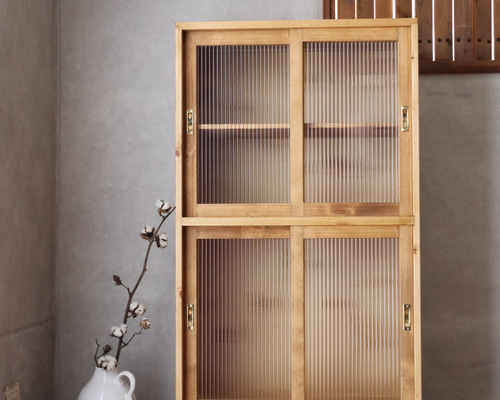 上下モールガラスの引き戸食器棚W70。カップボード。サイズオーダー可