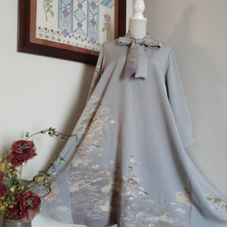 ☆ 着物リメイク 訪問着（正絹）ボウカラー フレアワンピースです