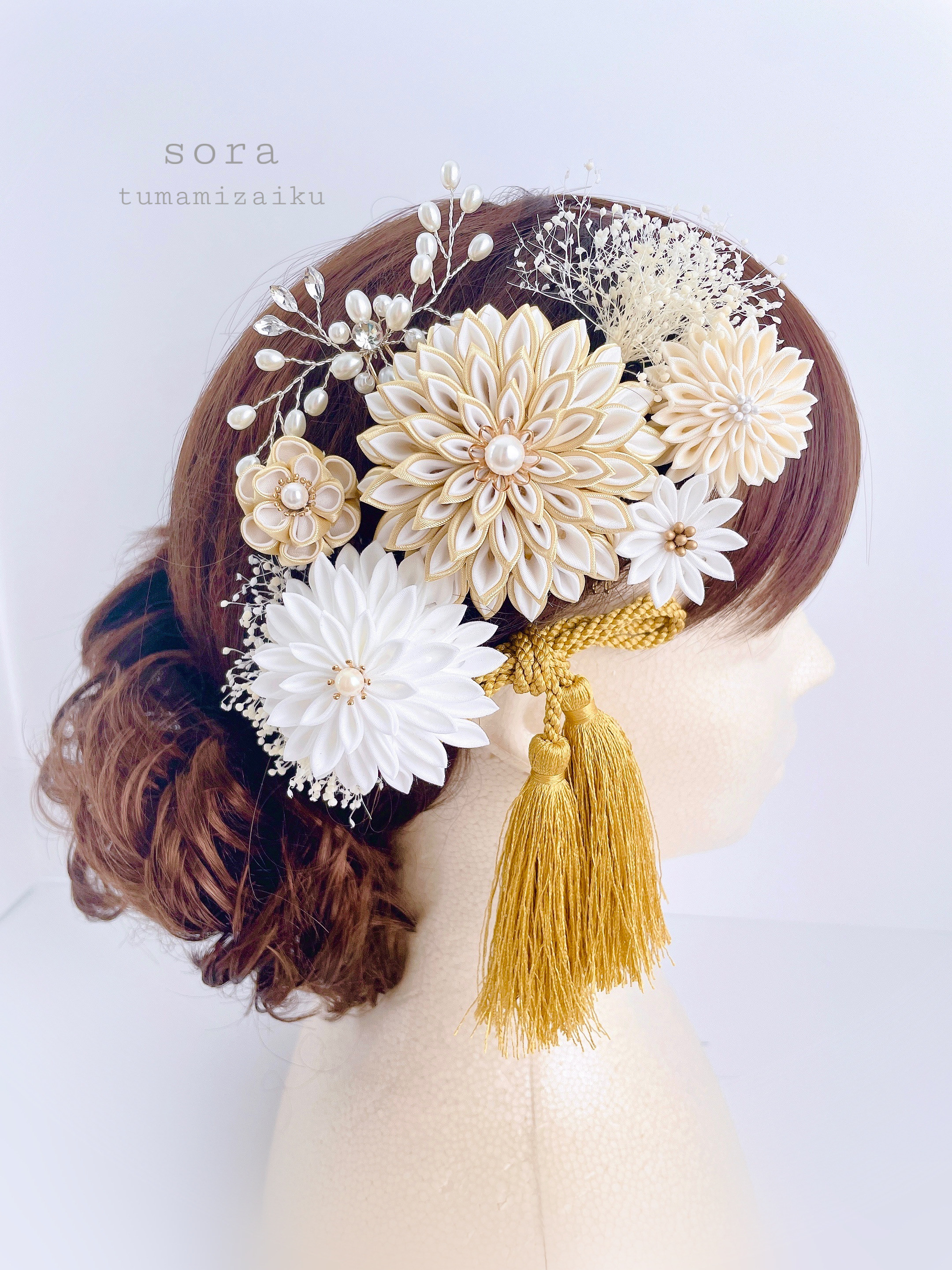 つまみ細工　髪飾り＊gold&White小枝アクセサリー＊成人式　結婚式　卒業式　着物　ヘッドドレス