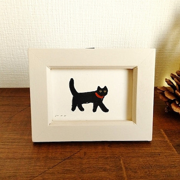 小さな絵　原画「黒猫」※木製ミニ額縁入り 1枚目の画像