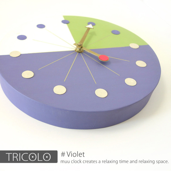 【送料無料】手作りの壁掛け時計　MUU CLOCK  TRICOLO (Violet)青紫 デザイン時計　インテリア 5枚目の画像