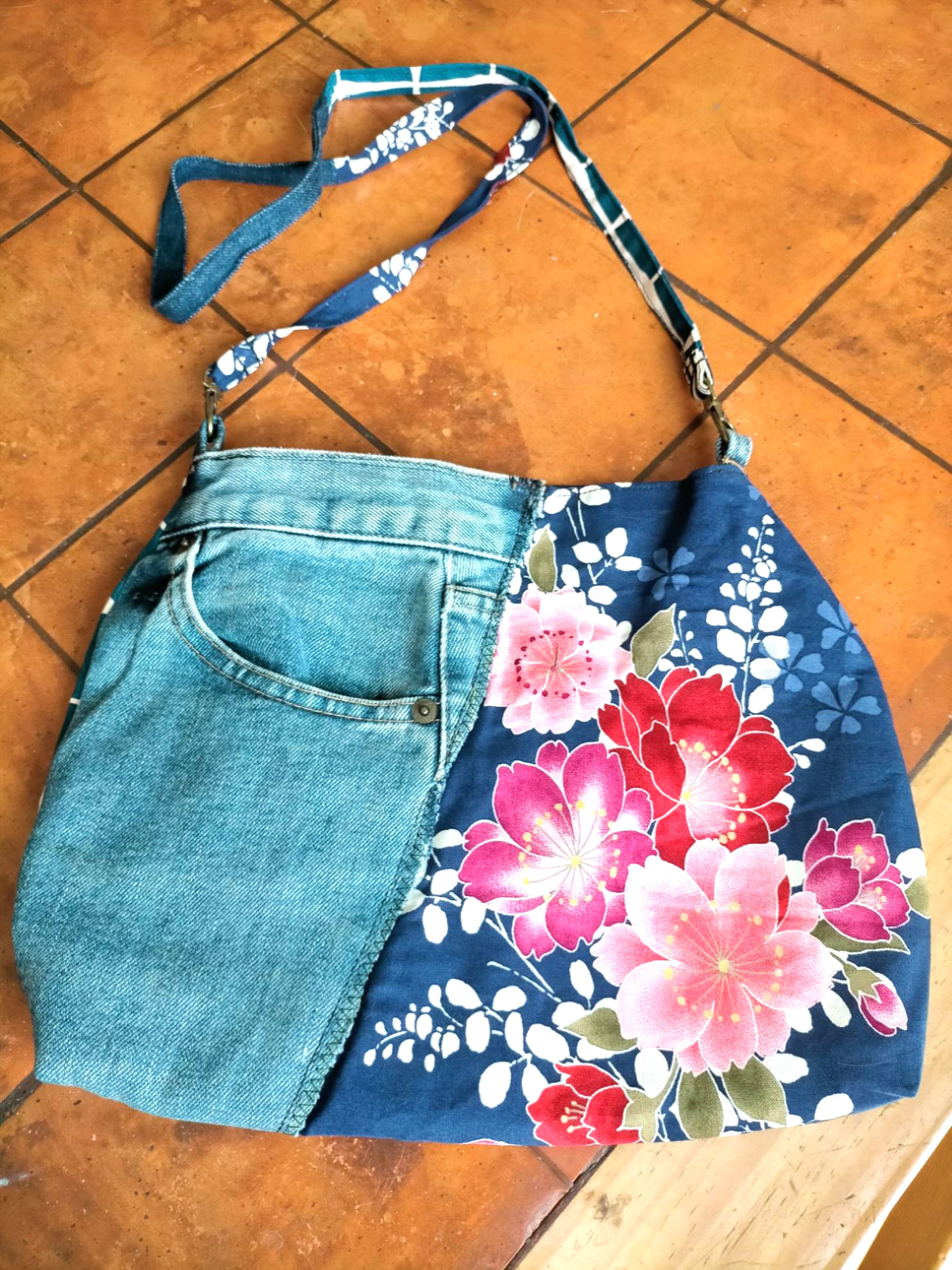 きょーたんグリーンデニムリメイクバッグ（L）No.727☆ハンドバッグ きょーたんグリーンデニムリメイクバッグ（L）No.727