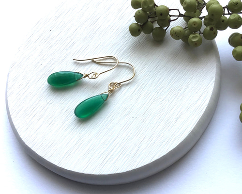 インプレッションジャスパーとグリーンオニキスのロングピアス 数量限定】14kgf♢グリーンオニキスのロングドロップピアス ピアス