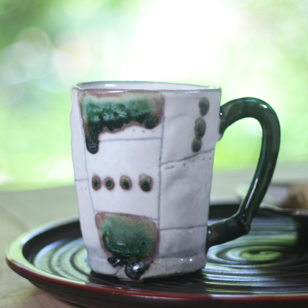 【織部・粉引き角模様マグカップ】ｍ100 和食器 陶芸 手作り 素敵 プレゼント 結婚祝い お祝い 父の日 粉引き 織部