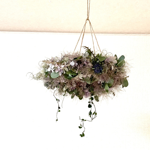 紫陽花とスモークツリーとユーカリのフライングリース/ドライ 紫陽花とスモークツリーとユーカリのフライングリース/ドライ