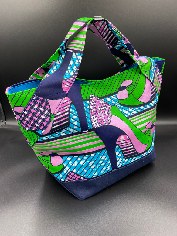 【再販】[受注製作]アフリカ布のミニトートバッグ　ハイヒール　グリーン 2枚目の画像