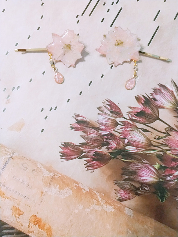 桜シェルヘアピン　　～千鳥草を桜に見立てて　ピンクの貝殻一杯の雫と共に～ 2枚目の画像