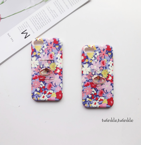 カラフルフラワー 花柄 ◆ iPhone各種 バンカーリング 付き♥ シリコン素材 ショルダー可 スマホケース 1枚目の画像