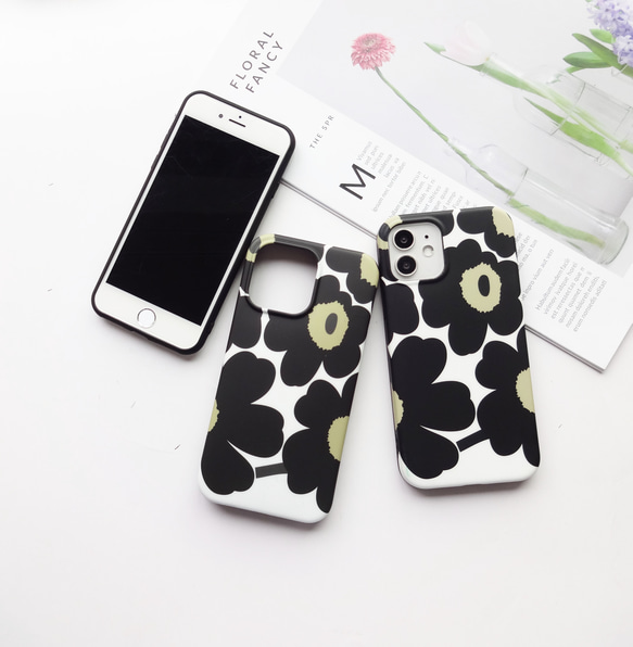 北欧 フラワー 花柄 ブラック ◆ iPhone各種 バンカーリング 付き♥ ショルダー可 スマホケース 4枚目の画像