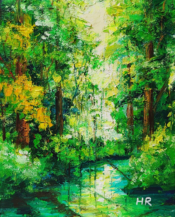 風景画 油彩画 森の中の川を描いた油絵です