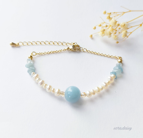 天然石ブレスレット 14kgf カラーオパール 淡水パール 14kgf キラキラ宝石と淡水パールブレスレット◝✩