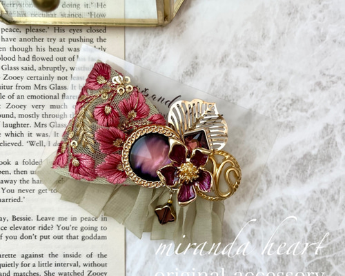 刺繍リボンとフリンジリボンのヘアクリップ ボルドーとライト