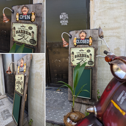 カットハウス 立掛け式 看板（黒板） 電飾灯付き 理容室の看板