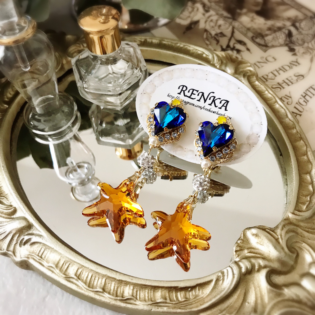 ハートとヒトデのイヤリング【パール･スワロフスキー･海･夏･ブルー･リゾート】{RPG-981er}