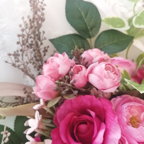 値下げ フューシャピンク薔薇ブーケ ブートニア付き 豪華 濃いピンク
