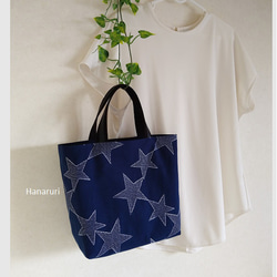 星の刺繍  ミニトートバッグ  ネイビーブルー　星に願いを☆彡 2枚目の画像